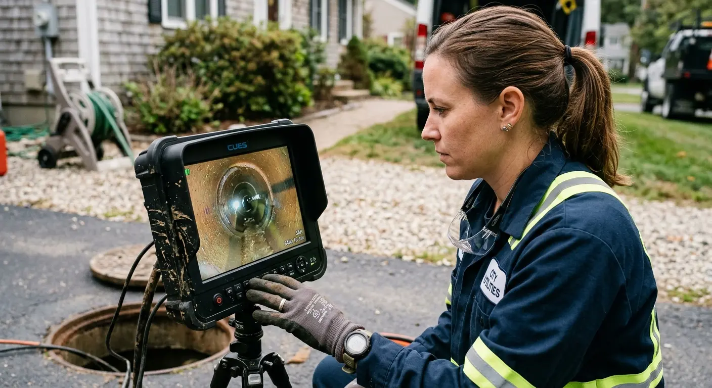 Technician reviewing sewer camera inspection footage in Gunbarrel