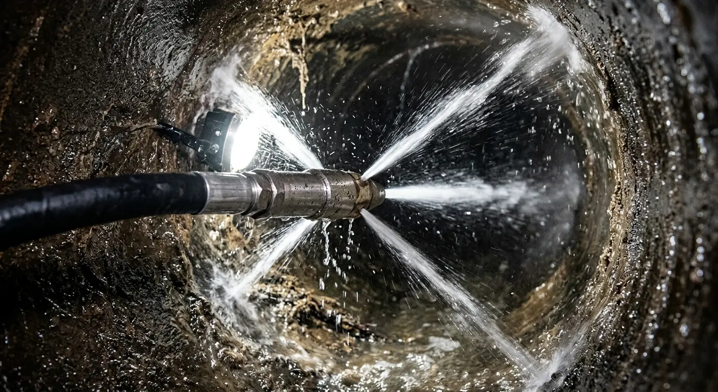 High-pressure hydro jetting nozzle cleaning sewer pipe for Trenchless Sewer Repair in Gunbarrel