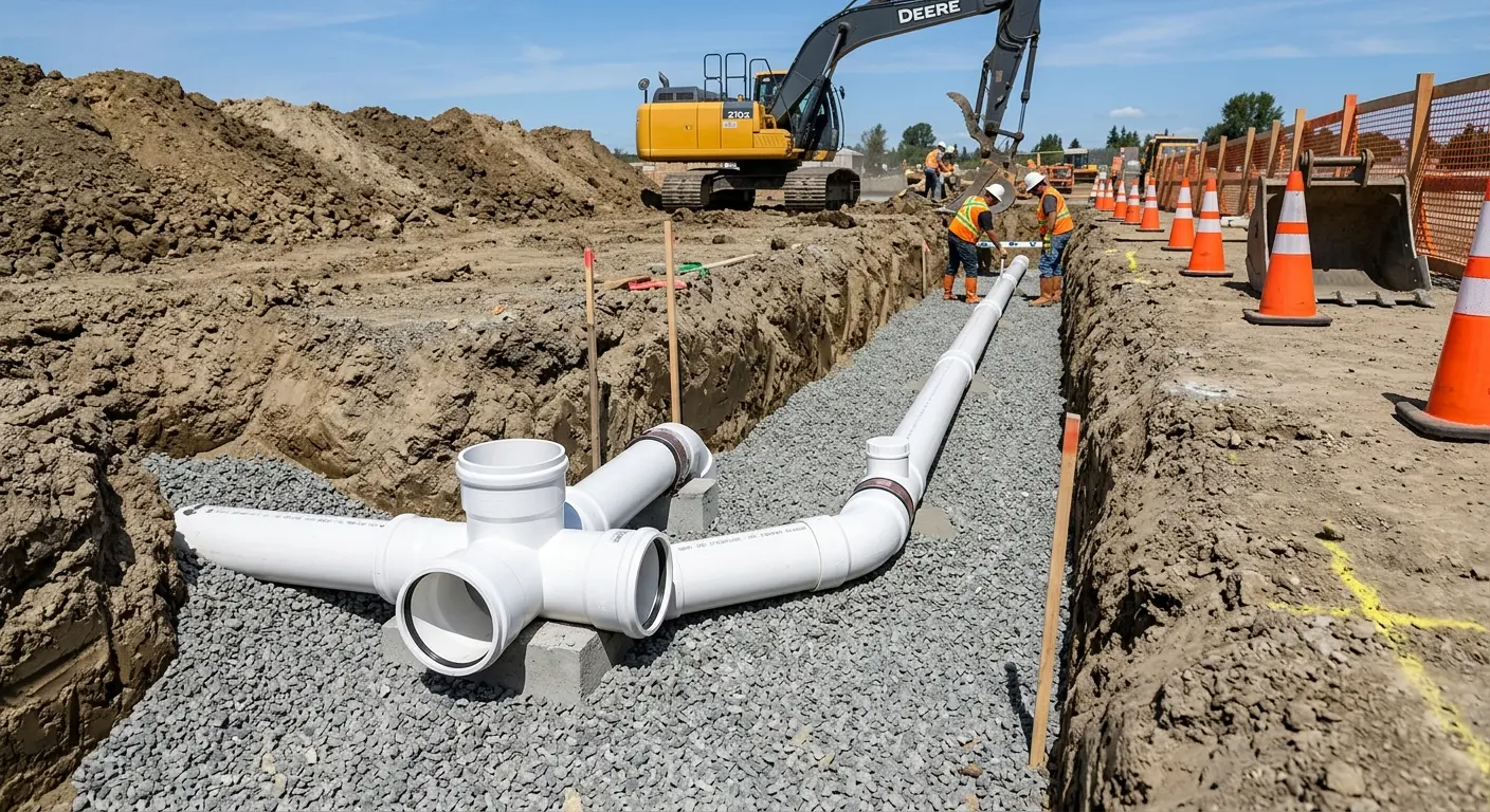 New PVC sewer pipe installation in open trench for Sewer Backup in Gunbarrel
